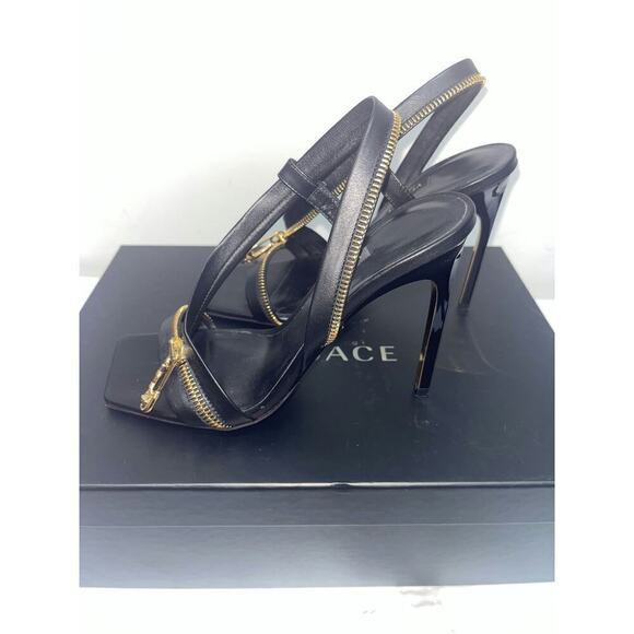 Versace Black Leather Zipper Detail Sandals - Size 35.5 - Picture 3 of 5